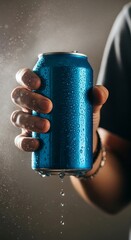 A person holds a blue can with water droplets dripping.