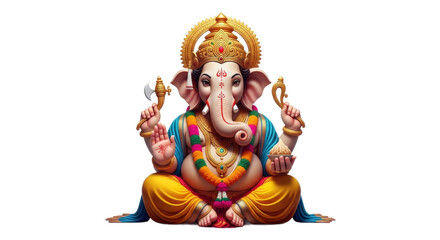 A vibrant and detailed depiction of the Hindu deity Ganesha, seated in a meditative pose.