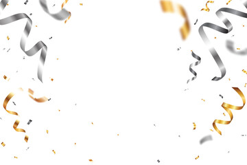 Celebrations Gold and silver confetti streamers, and ribbon banner, isolated on white backgrounds