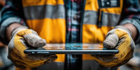 Image of factory engineer checking project information on tablet