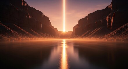Mystical Light Beam Reflecting on Water in a Majestic Mountain Canyon Landscape