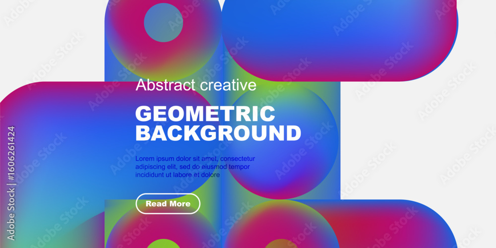 Poster vibrant abstract shapes dominate white space. text promotes geometric background design, includes re