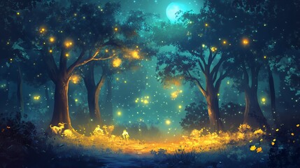 Enchanted Forest Night Scene With Goats And Fireflies