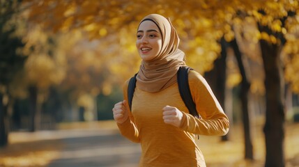 Smiling Woman in Hijab Jogging in Autumn Park