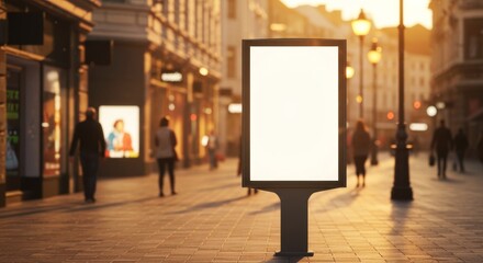 Vertical Blank Billboard on Sidewalk in Busy Commercial Street at Golden Hour