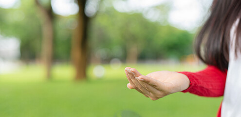 Technology,   Hands holding  globe of tropical nature summer background, 