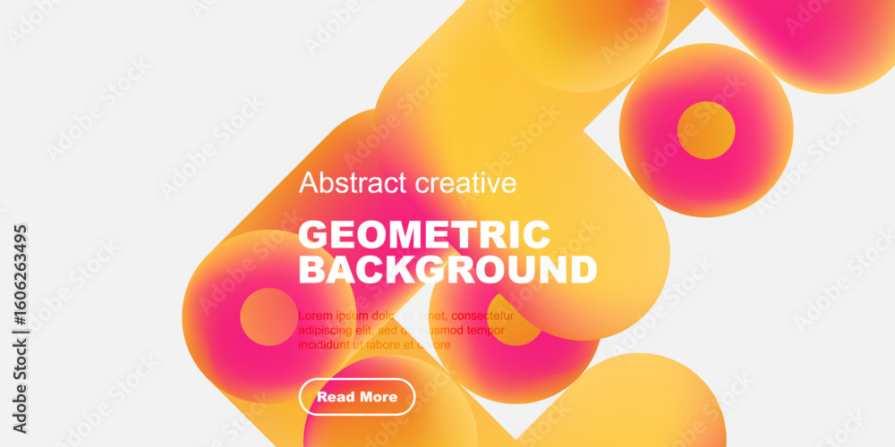 Poster vibrant geometric shapes overlap, creating dynamic background. text promotes further exploration. or