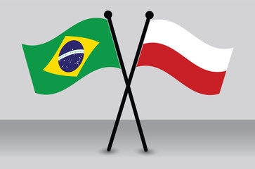 Crossed Brazilian and Poland Waving Flags Flat Style. Official Proportion.
