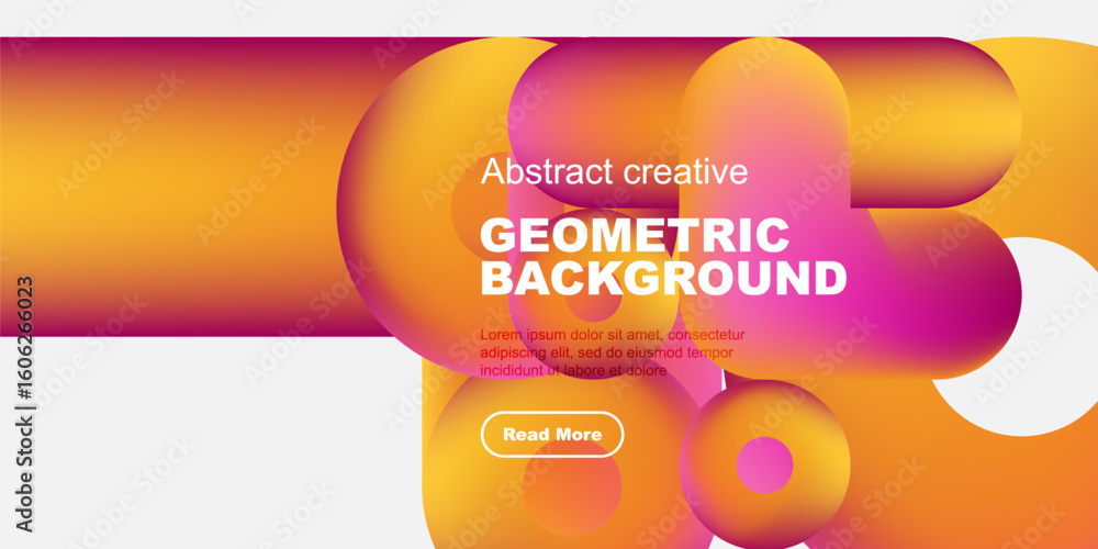 Poster vibrant geometric background features overlapping orange circles, text, button. modern design with g