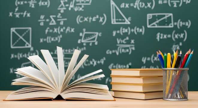 Open book and pencils on desk with math equations on blackboard - Powered by Adobe
