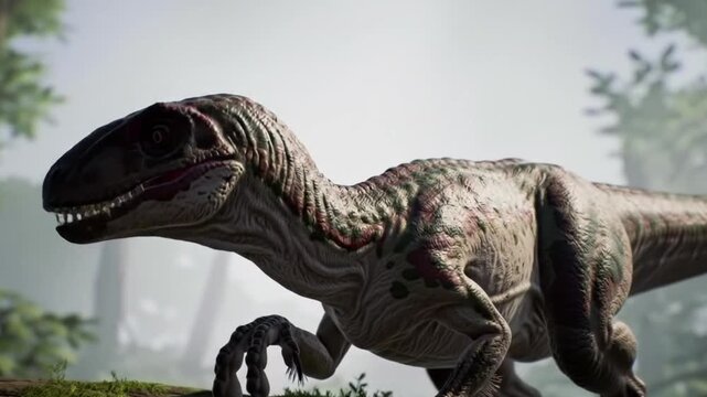 A detailed depiction of a raptor dinosaur walking through a lush, verdant forest environment.