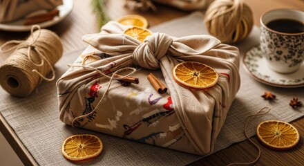 Traditional Furoshiki Wrapped Gift with Dried Oranges and Cinnamon on Table, Eco-Friendly Present