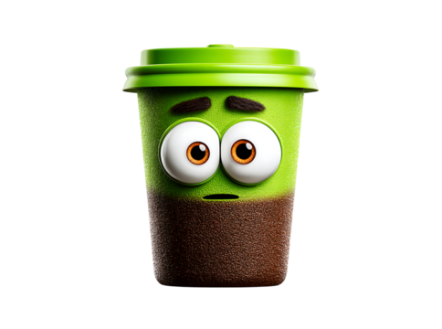Worried cartoon coffee cup character 3d render, Isolated On White, Transparent Background, Png
