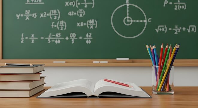 Study essentials on desk before math lesson blackboard - Powered by Adobe