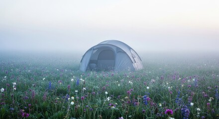 Tent Pitched in a Misty Field of Colorful Wildflowers at Dawn or Dusk