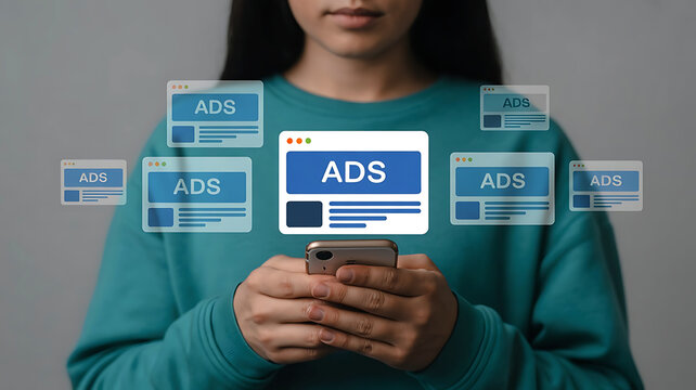 Woman holding a smartphone displaying multiple digital advertisements and online marketing concepts