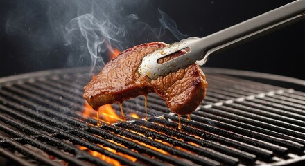 Delicious Steak Sizzling on a Hot Barbecue Grill with Tongs and Flames