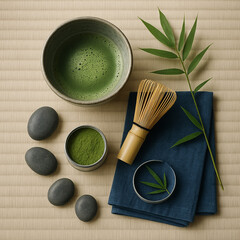 Traditional Japanese Matcha Tea Ceremony Set with Bamboo Whisk and Stone Zen Elements