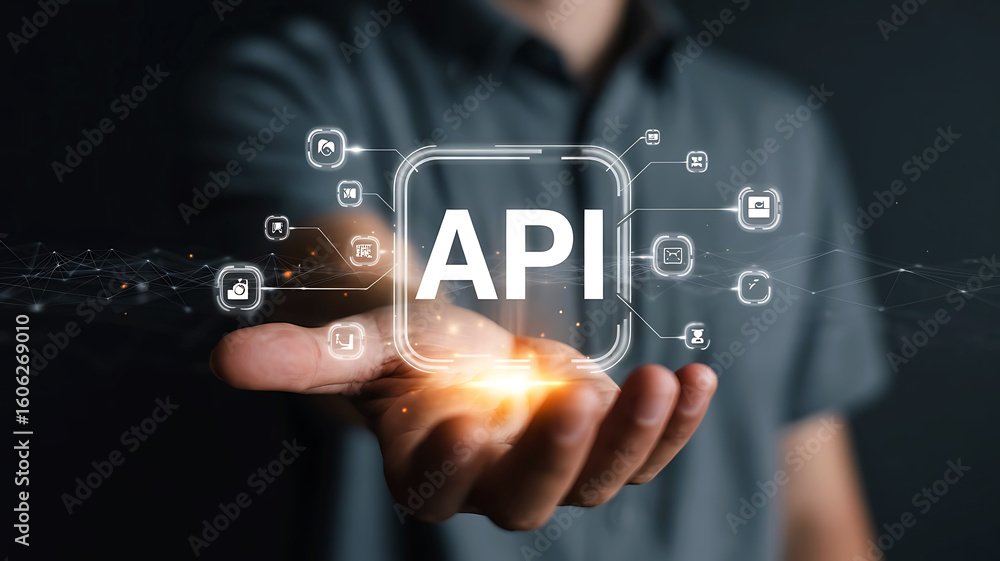 Fototapete man holding a glowing transparent phone displaying the word api surrounded by digital icons and netw