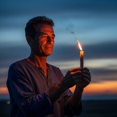 Man holding a lit candle at sunset.