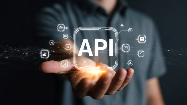Man holding a glowing transparent phone displaying the word api surrounded by digital icons and network connections