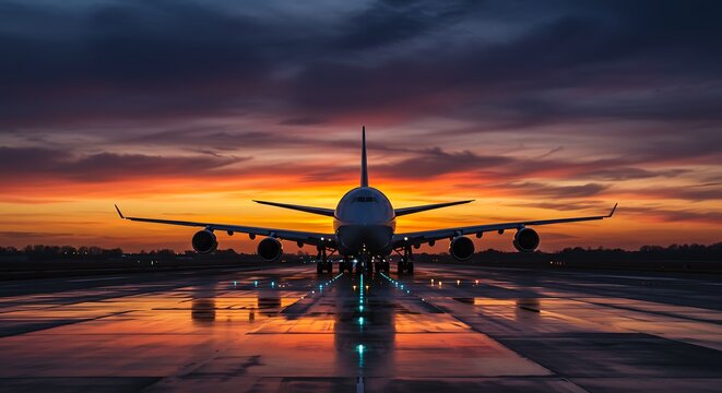 Passenger airplane at sunrise preparing for takeoff with vibrant colorful sky reflections on wet airport runway surface