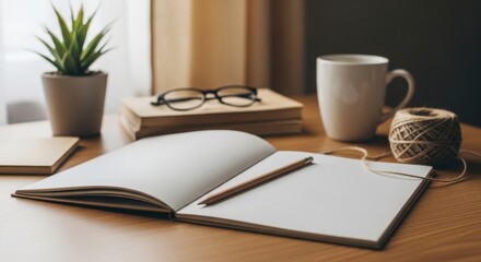 Open Blank Notebook with Pencil, Glasses, Plant, and Coffee Mug on Wooden Desk