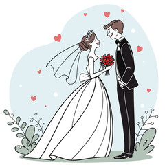 Happy bride and groom with flowers and hearts wedding couple