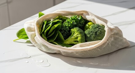 Eco-Friendly Reusable Mesh Bag Filled with Fresh Green Vegetables on Marble Surface