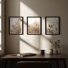 Three framed botanical prints above a desk with a notebook mug and small vases in natural light