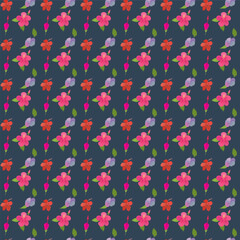 An elegant and vibrant seamless pattern featuring stylized yellow tropical flowers like hibiscus and plumeria, along with various leaves, arranged on a deep navy blue background