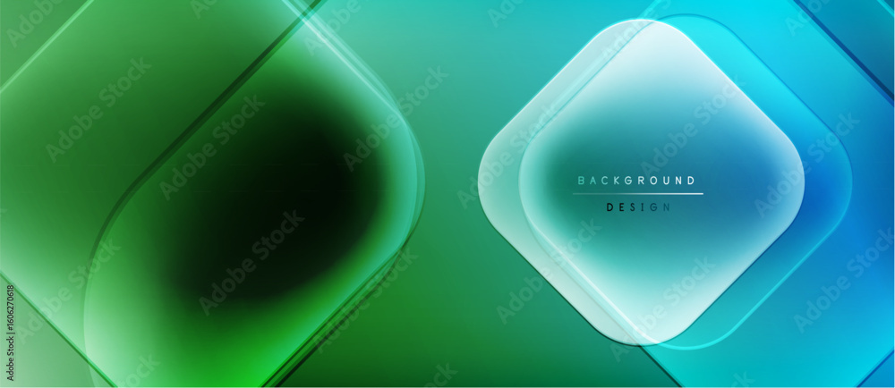 Poster abstract geometric background. gradient shades blend green, turquoise. overlapping squares create dy