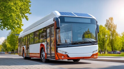 Fototapeta premium Eco-Friendly City Bus: An image of a modern, eco-friendly city bus cruising down a tree-lined street on a bright, sunny day.