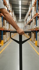 A person pushing a pallet truck with boxes in a warehouse