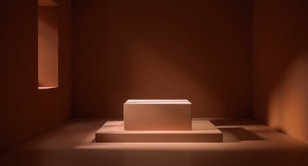 Minimalist Brown Interior Room with Geometric Pedestal and Natural Window Light