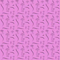 A charming and whimsical seamless pattern featuring various types of stylized mushrooms in earthy tones, set against a bright and cheerful yellow background.