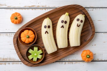 Halloween banana ghosts healthy snack idea with pumpkins and cucumber on wooden tray for kids party food