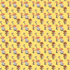 A charming and whimsical seamless pattern featuring various types of stylized mushrooms in earthy tones, set against a bright and cheerful yellow background.