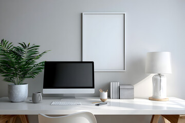 A minimalist workspace featuring a computer, plant, lamp, and blank frame against a gray wall