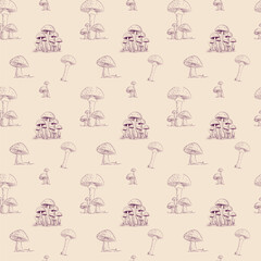 A charming and whimsical seamless pattern featuring various types of stylized mushrooms in earthy tones, set against a bright and cheerful yellow background.