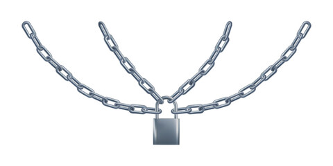Chains hanging closed on padlock. Free curved wrapped around 3d linked rings. Steel silver break jail concept. Weak or strong iron security. Metal prison lock, png overlay for blocked secret content
