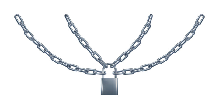 Chains hanging closed on padlock. Free curved wrapped around 3d linked rings. Steel silver break jail concept. Weak or strong iron security. Metal prison lock, png overlay for blocked secret content
