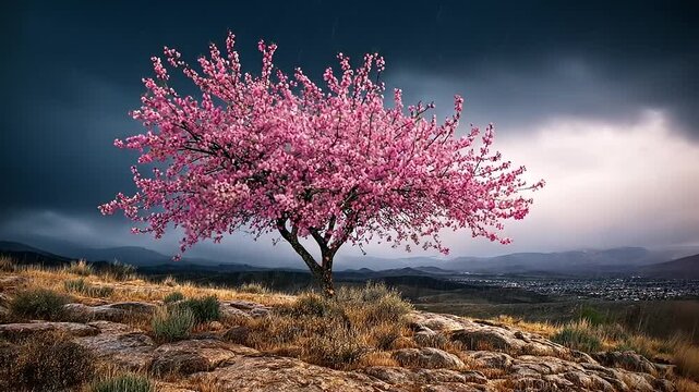 Stormy spring scene with blossoming tree standing amidst rocky terrain, showcasing dramatic weather