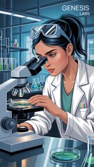 A woman looking through a microscope