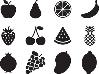 Black Fruit Silhouette Icon Set on White Background