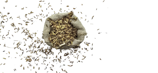 A burlap sack filled with light brown material surrounded by scattered dark brown pieces on a white surface