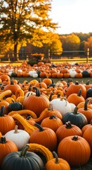 A vibrant display of pumpkins in an autumnal setting.