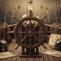 Obraz premium Wooden ship's helm with antique nautical instruments.