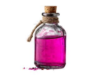 Pink potion in antique glass bottle with cork and twine, Isolated On White, Transparent Background, Png