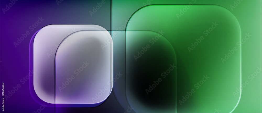 Poster abstract gradients blend purple, green hues. rounded rectangles overlap creating soft light effects.